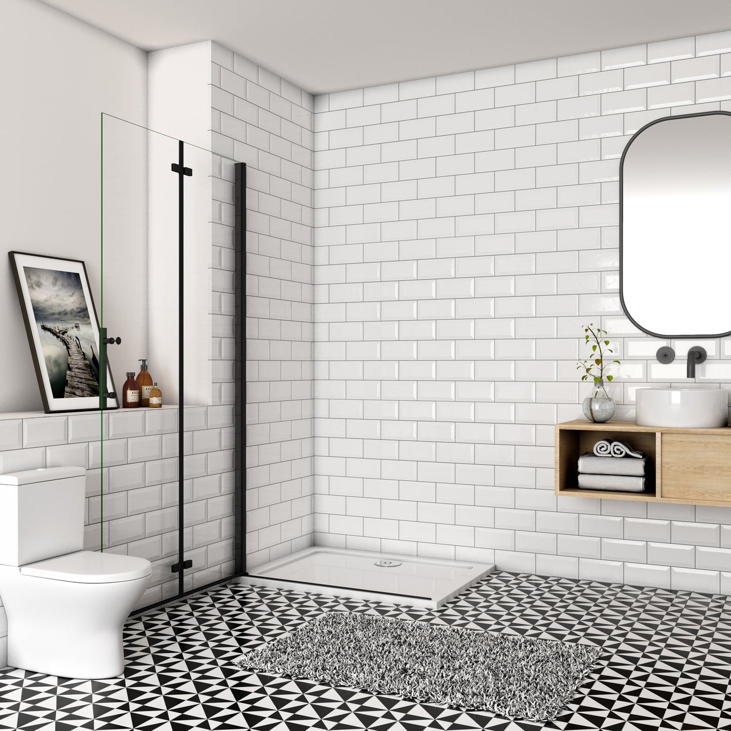 SKY Bathroom Black Hinge Pivot Shower Bi fold Glass Door