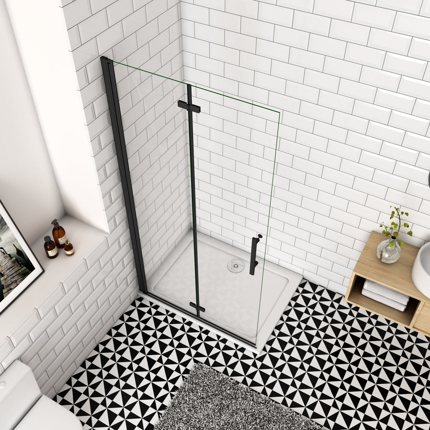 SKY Bathroom Black Hinge Pivot Shower Bi fold Glass Door