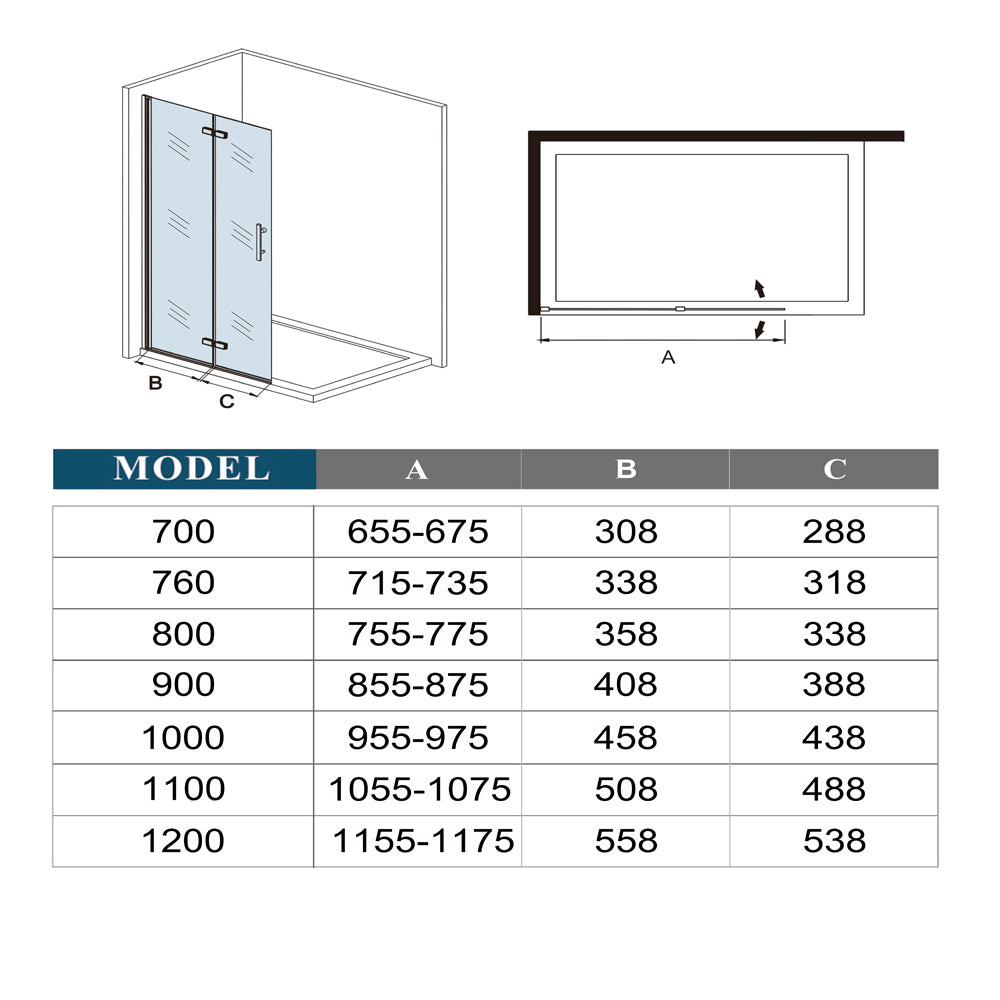 SKY Bathroom Black Hinge Pivot Shower Bi fold Glass Door