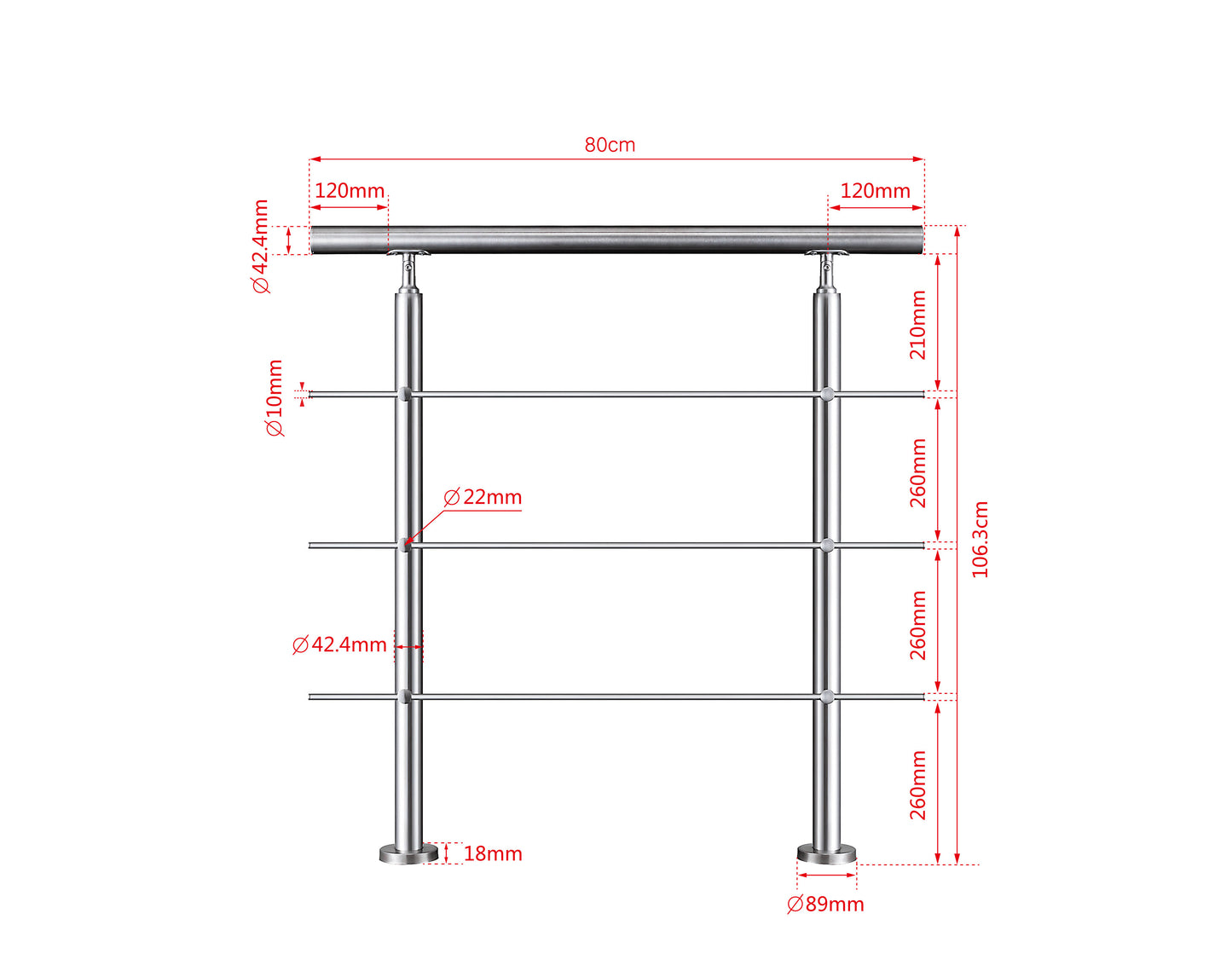 SKY handrail 304 Stainless steel with 3 crossbars Balustrade stair/step 106cm