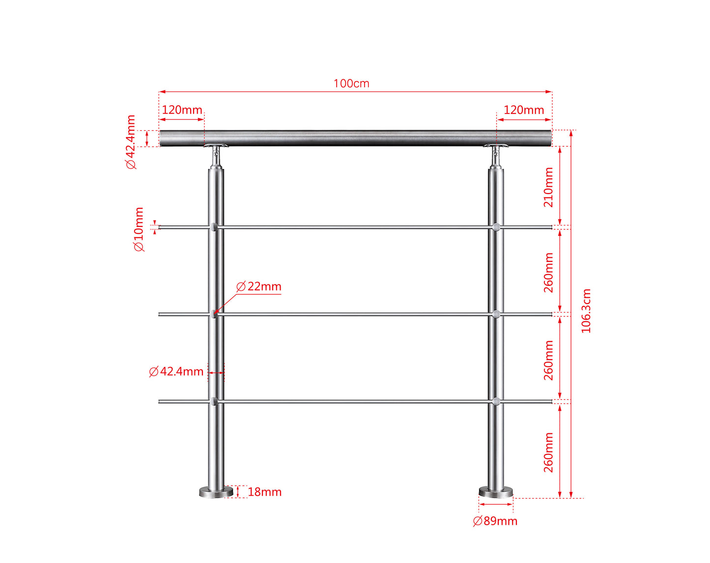 SKY handrail 304 Stainless steel with 3 crossbars Balustrade stair/step 106cm