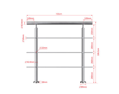 SKY handrail 304 Stainless steel with 3 crossbars Balustrade stair/step 106cm
