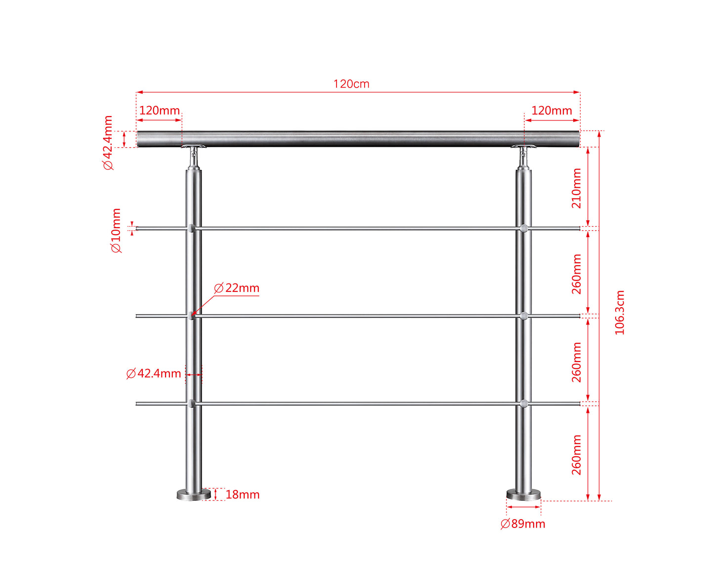 SKY handrail 304 Stainless steel with 3 crossbars Balustrade stair/step 106cm