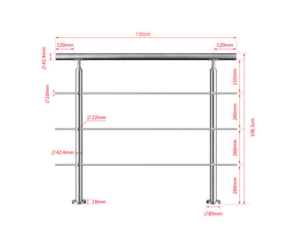 SKY handrail 304 Stainless steel with 3 crossbars Balustrade stair/step 106cm