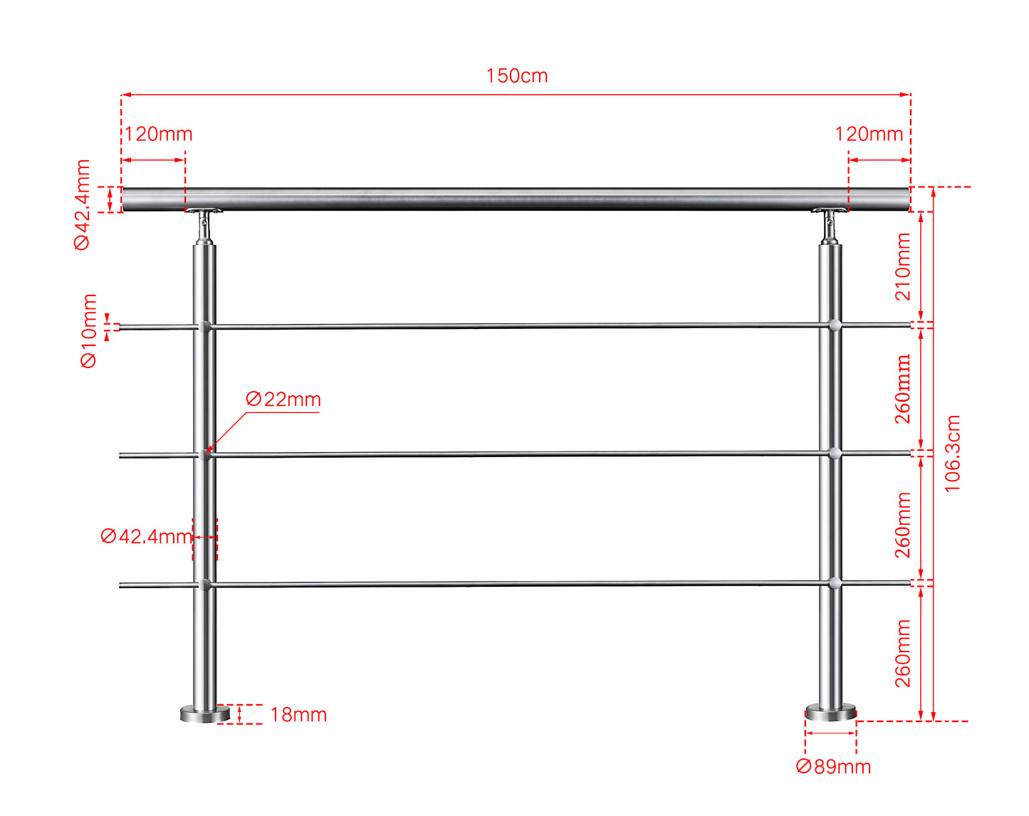 SKY handrail 304 Stainless steel with 3 crossbars Balustrade stair/step 106cm