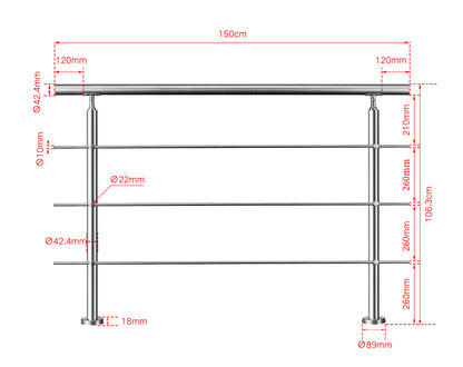 SKY handrail 304 Stainless steel with 3 crossbars Balustrade stair/step 106cm