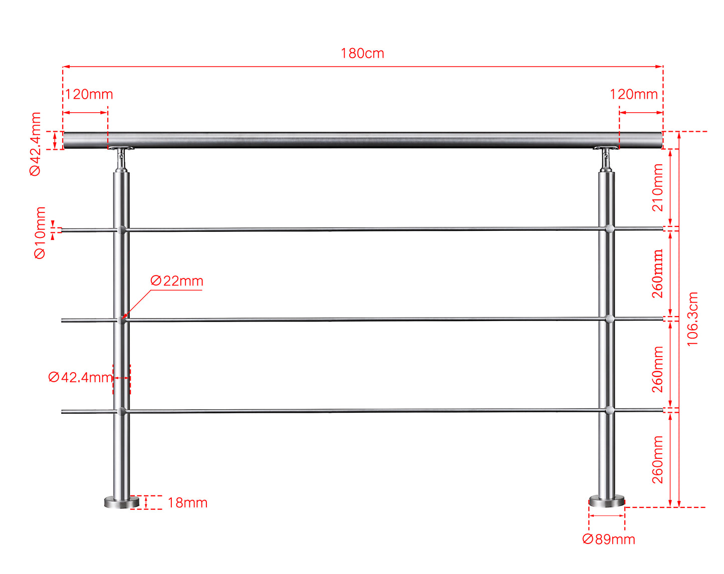 SKY handrail 304 Stainless steel with 3 crossbars Balustrade stair/step 106cm