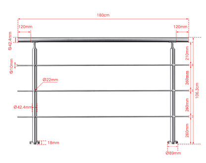 SKY handrail 304 Stainless steel with 3 crossbars Balustrade stair/step 106cm