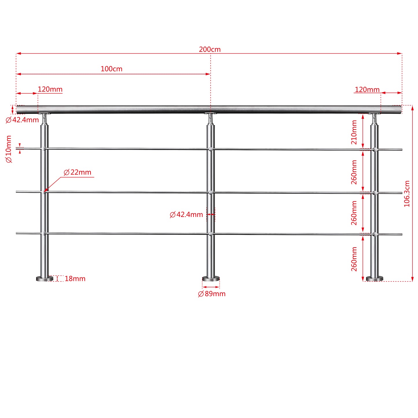 SKY handrail 304 Stainless steel with 3 crossbars Balustrade stair/step 106cm