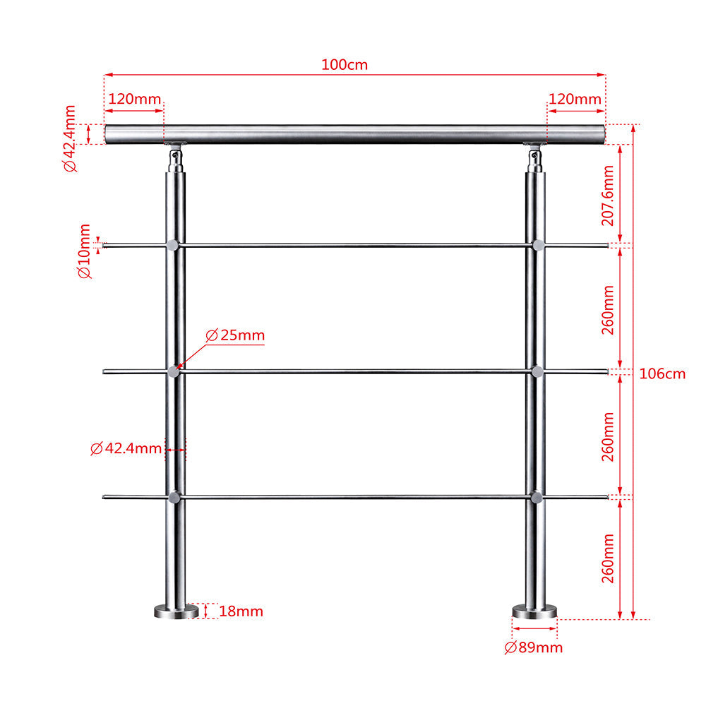 SKY Stainless Steel handrail with 3 crossbars Balustrade Stairs Outdoor Indoor