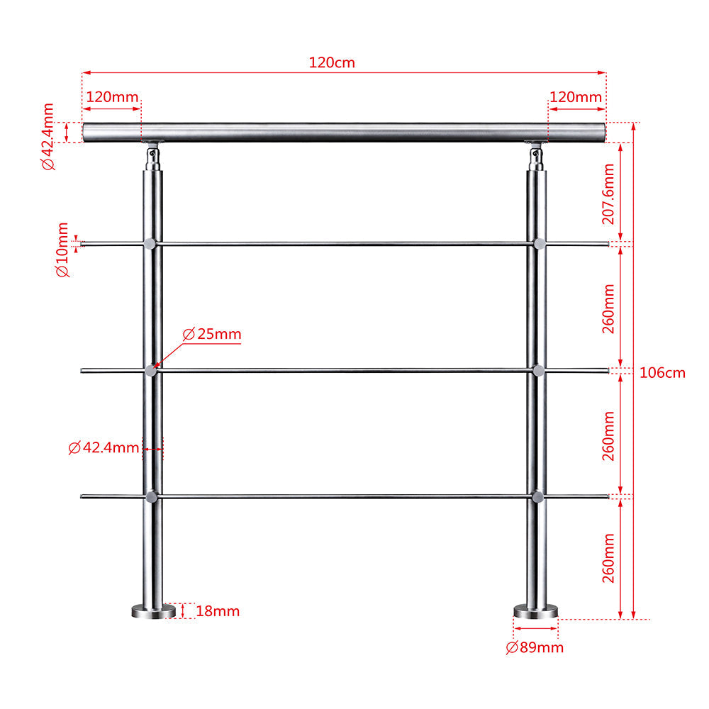 SKY Stainless Steel handrail with 3 crossbars Balustrade Stairs Outdoor Indoor