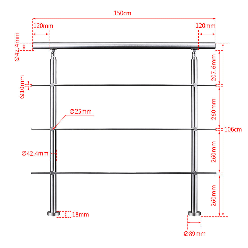 SKY Stainless Steel handrail with 3 crossbars Balustrade Stairs Outdoor Indoor