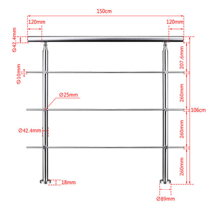 SKY Stainless Steel handrail with 3 crossbars Balustrade Stairs Outdoor Indoor