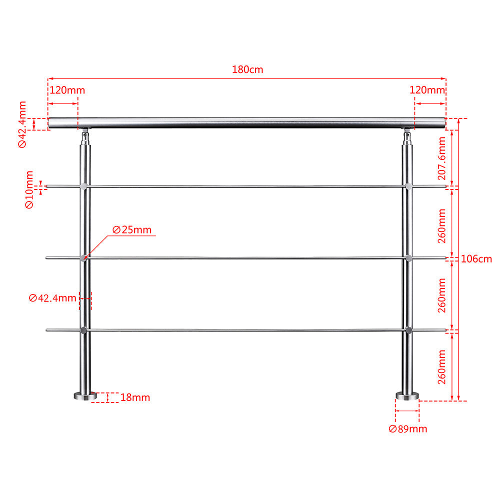 SKY Stainless Steel handrail with 3 crossbars Balustrade Stairs Outdoor Indoor
