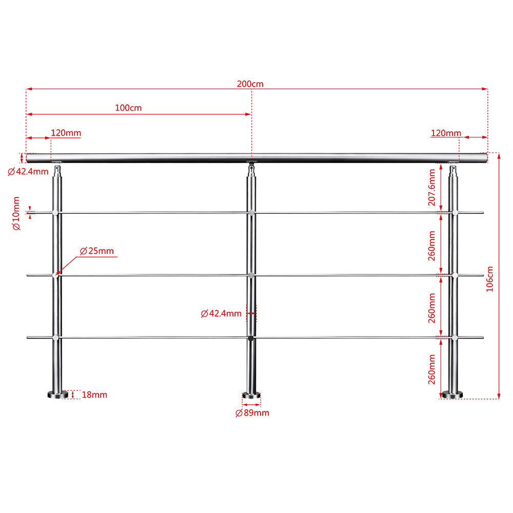 SKY Stainless Steel handrail with 3 crossbars Balustrade Stairs Outdoor Indoor