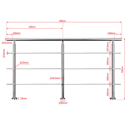 SKY Stainless Steel handrail with 3 crossbars Balustrade Stairs Outdoor Indoor