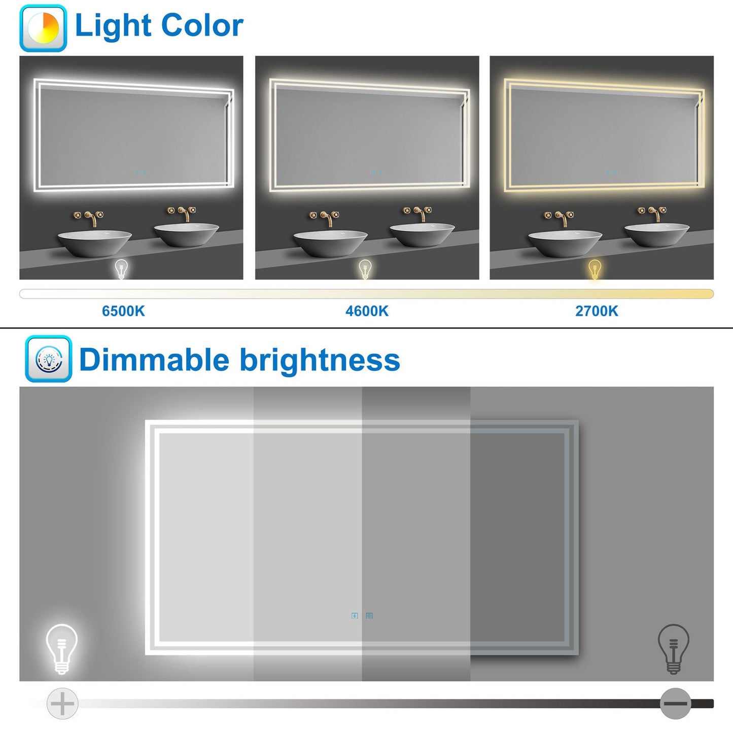 SKY LED Bathroom Mirror with Demister Pad and Bluetooth 3 Colors Dimming Function