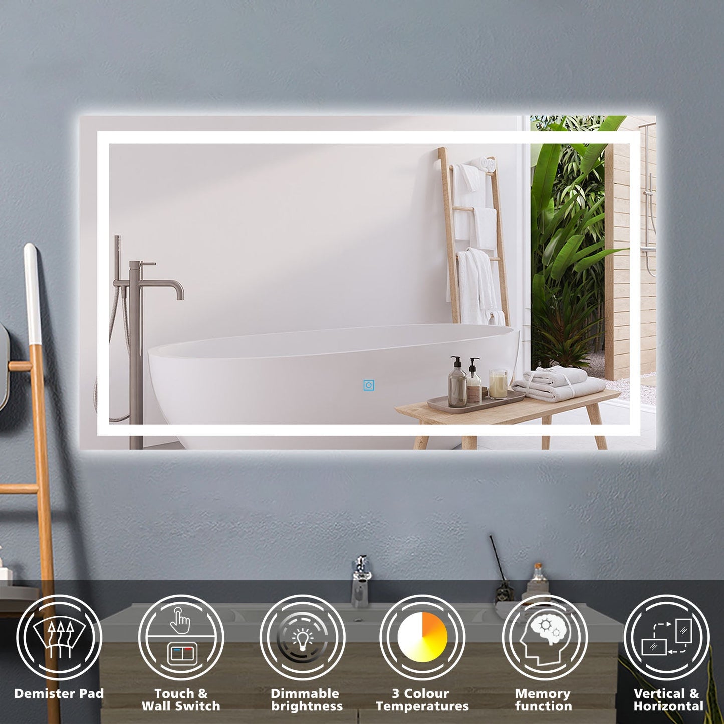 SKY bathroom 3 Colour LED Mirror, Anti-fog, Touch wall switch, Infinitely Dimmable, Power Failure Memory