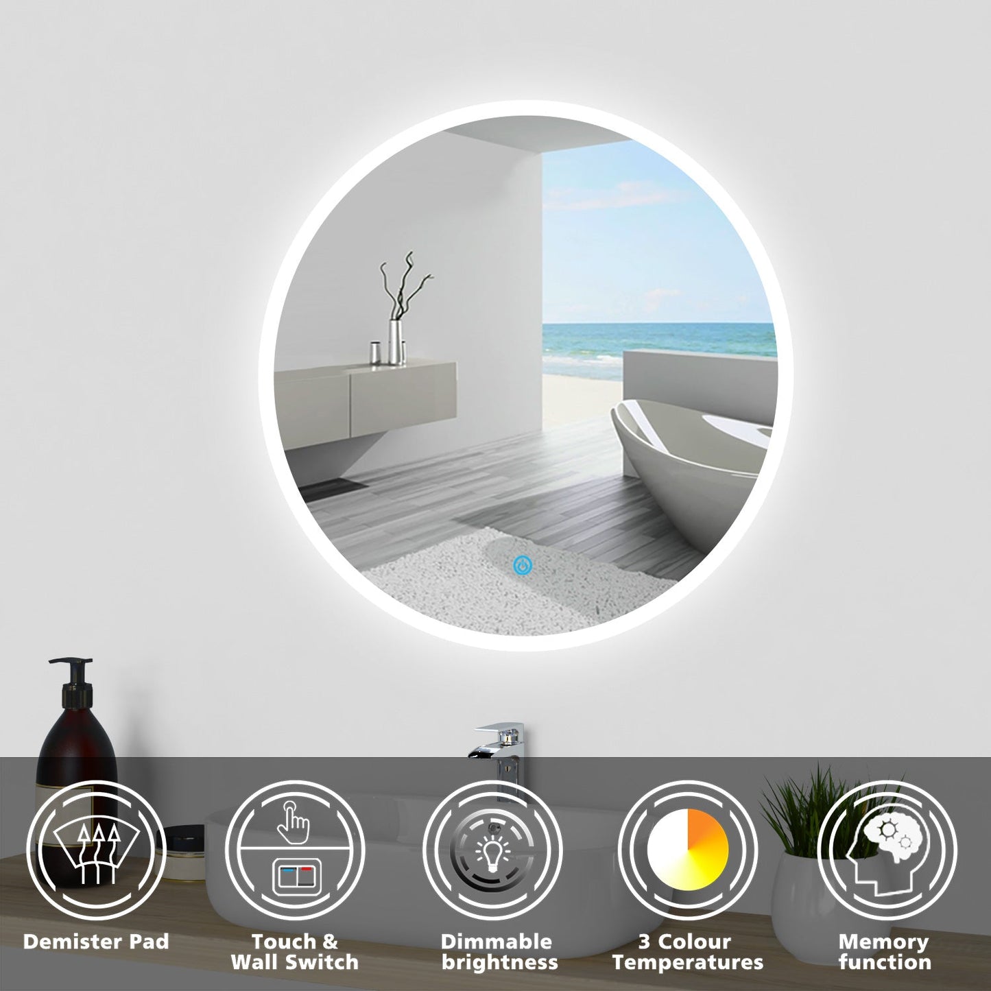 SKY bathroom Bluetooth speaker Round Mirror with LED Lights, Illuminated Bathroom Mirror 3 Colour Demister