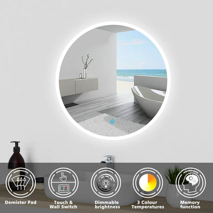 SKY bathroom Round Mirror with LED Lights, LED Bathroom Mirror, Illuminated Bathroom Mirror with Touch Switch 3 Colour Dimmable Lights Demister Pad Wall Mount