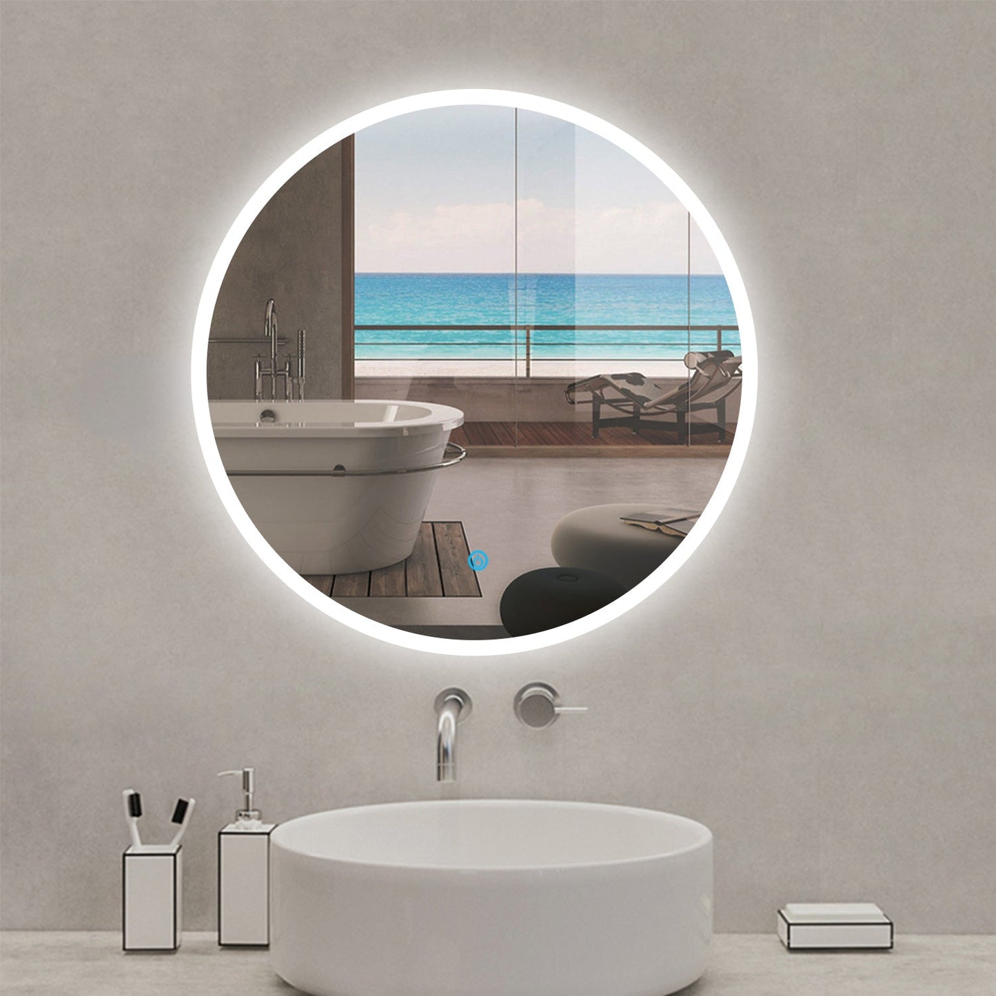 SKY bathroom Bluetooth speaker Round Mirror with LED Lights, Illuminated Bathroom Mirror 3 Colour Demister