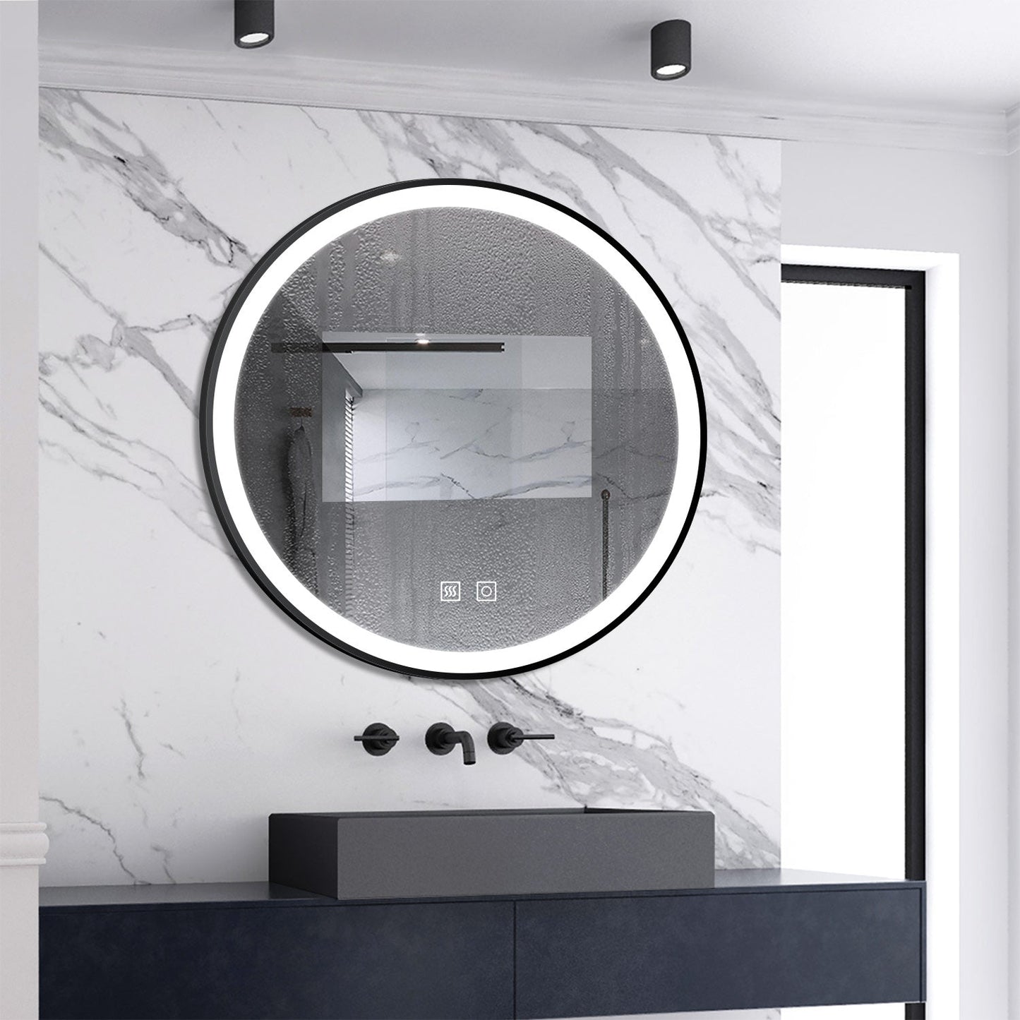 SKY bathroom Memory Function, Anti-fog, IP44, With 3 Colors Dimmable Brightness, Round  LED Bathroom Black Frame Mirror