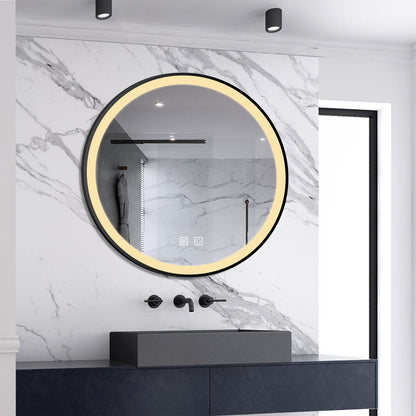 SKY bathroom Memory Function, Anti-fog, IP44, With 3 Colors Dimmable Brightness, Round  LED Bathroom Black Frame Mirror