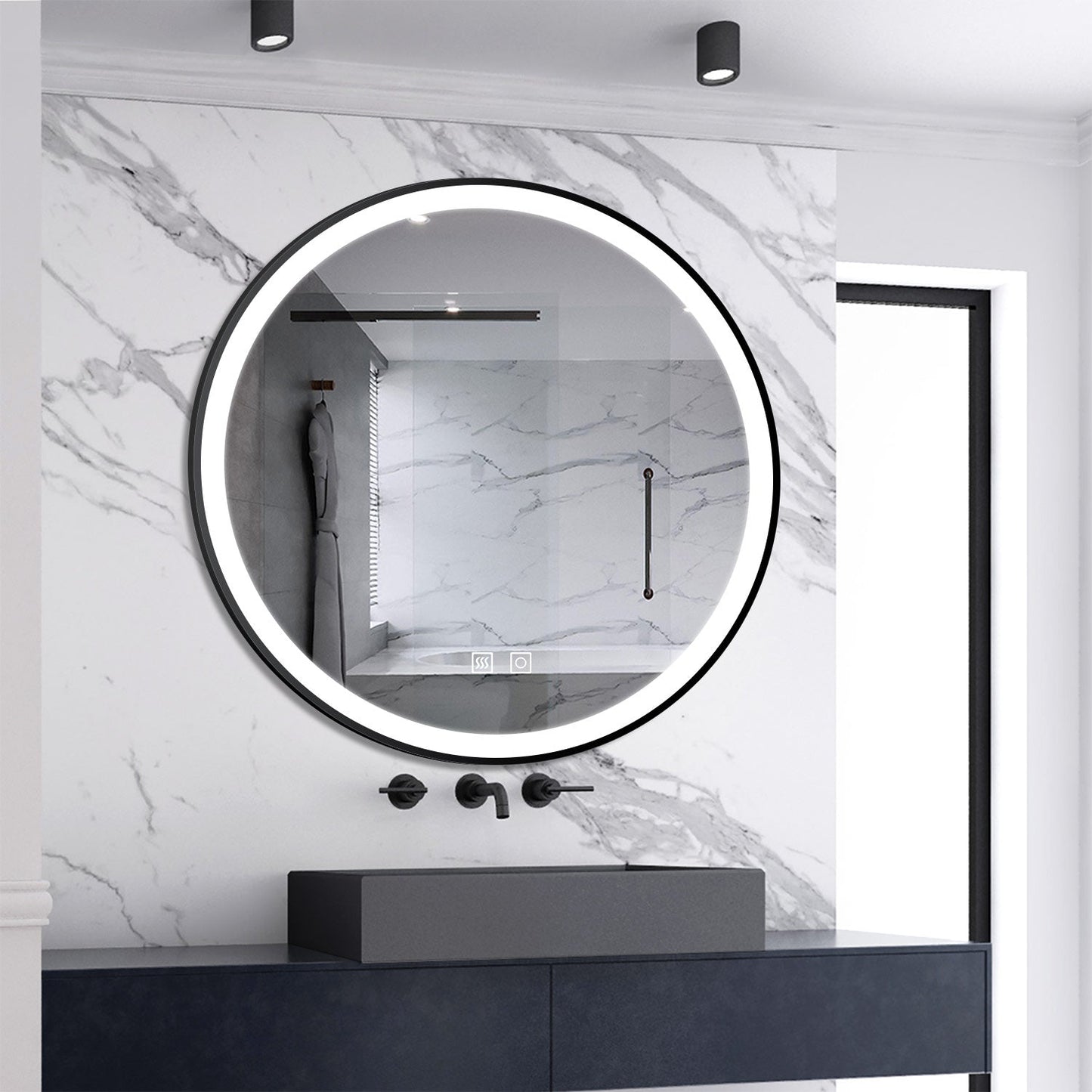 SKY bathroom Memory Function, Anti-fog, IP44, With 3 Colors Dimmable Brightness, Round  LED Bathroom Black Frame Mirror