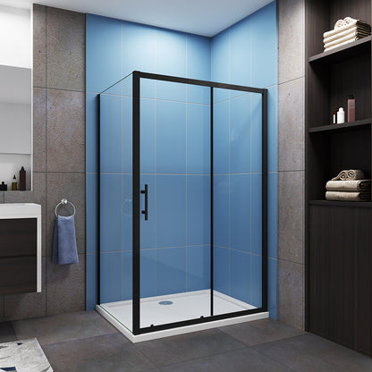 Black Sliding Shower Enclosure 6mm Glass Door Screen Panel& Stone Tray