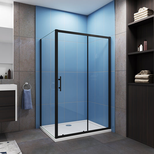 Black Sliding Shower Enclosure 6mm Glass Door Screen Panel& Stone Tray