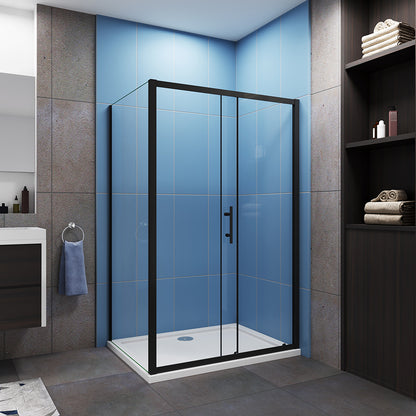 Black Sliding Shower Enclosure 6mm Glass Door Screen Panel& Stone Tray