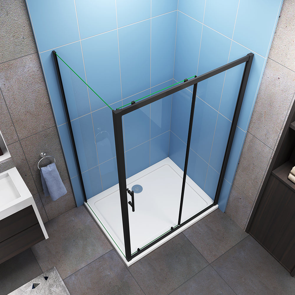 Black Sliding Shower Enclosure 6mm Glass Door Screen Panel& Stone Tray