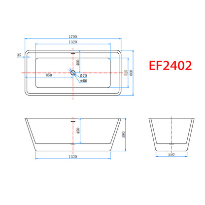 1700x800mm Bath Shower Bathtub Freestanding Double Ended Bath Integral Waste & Overflow