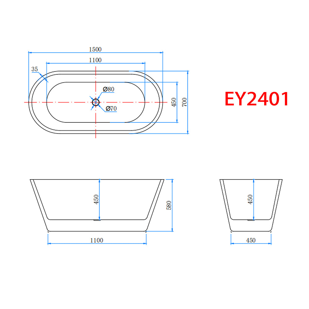 1500x700mm Bathroom Freestanding Double Ended Shower Bath Bathtub