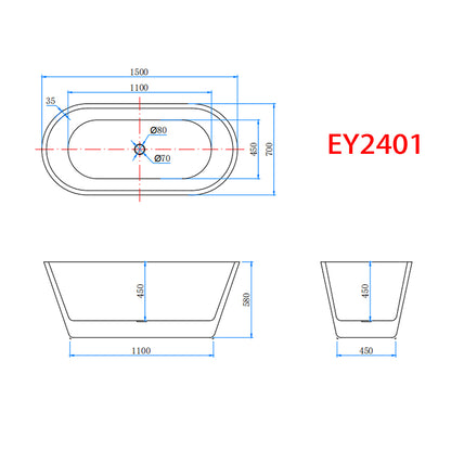 1500x700mm Bathroom Freestanding Double Ended Shower Bath Bathtub