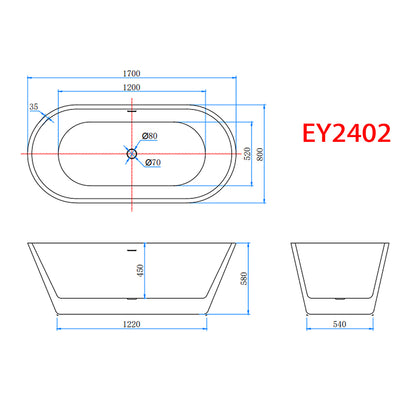 1700x800mm Bathroom Freestanding Double Ended Bath Shower Bathtub