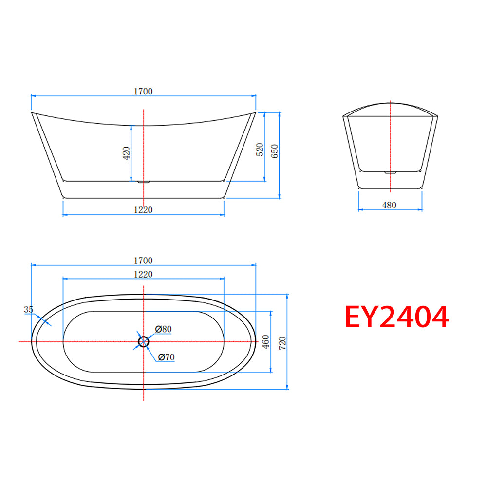 1700x720mm Freestanding Double Ended Bathroom Bath Shower Bath Bathtub