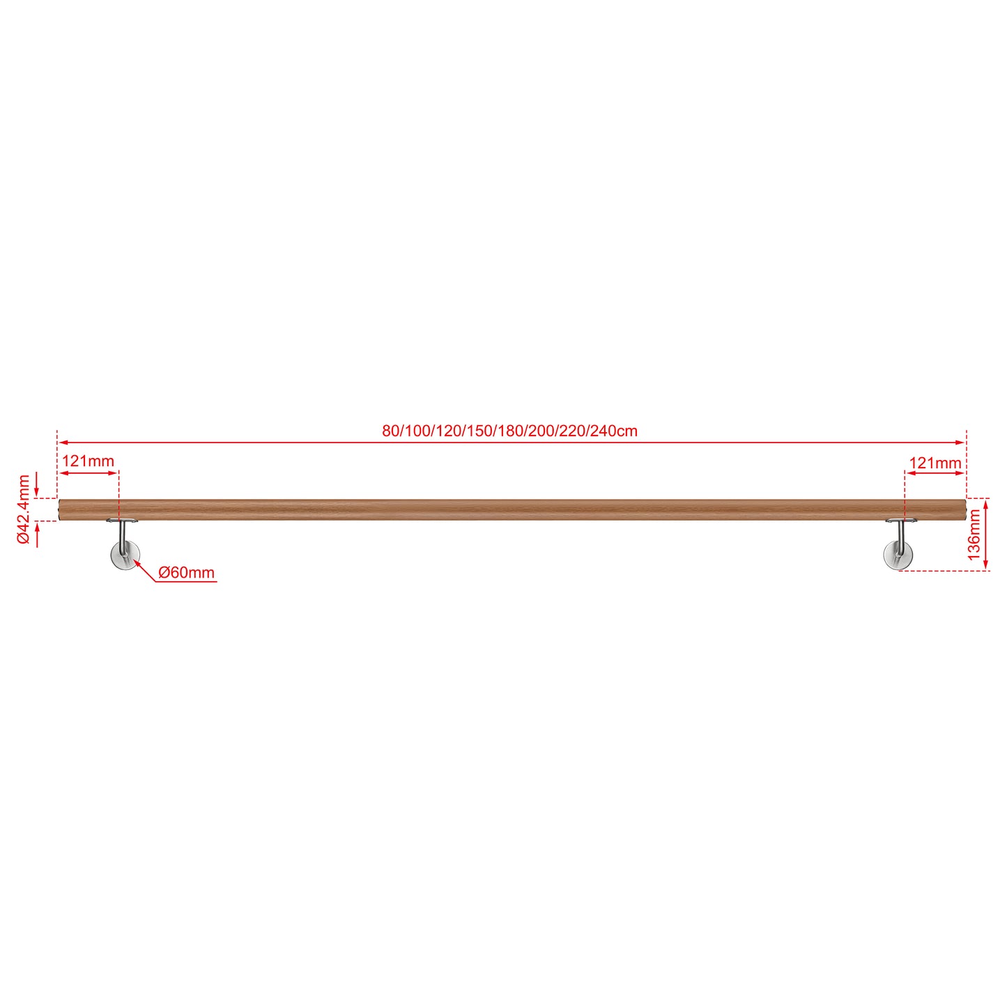 SKY 304 Stainless Steel Wall Mount Handrail, Wood Grain Finish
