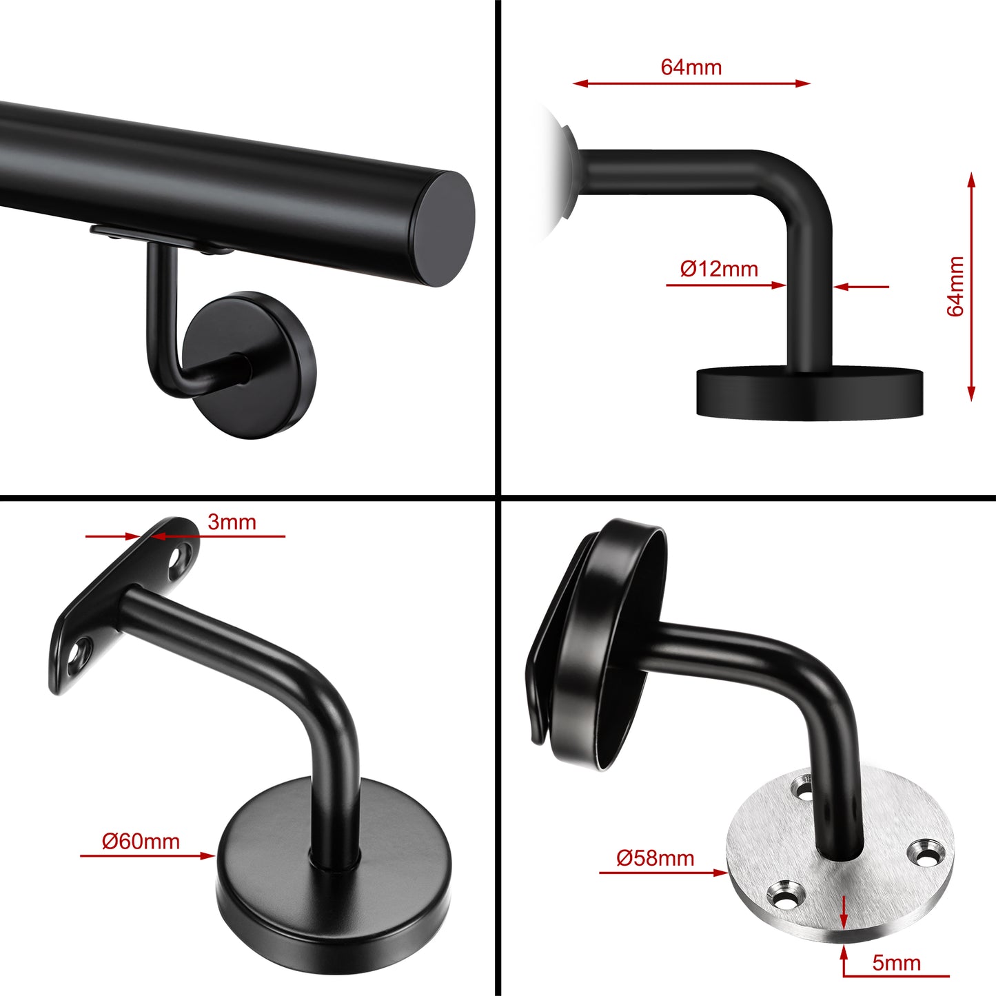 SKY Indoor Outdoor 304 Stainless Steel Wall Mount Handrail, Black Stair Railing
