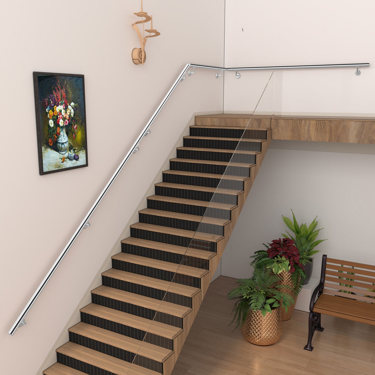 SKY 304 Stainless Steel Wall Mount Handrail, Brushed Silver Stair Railing