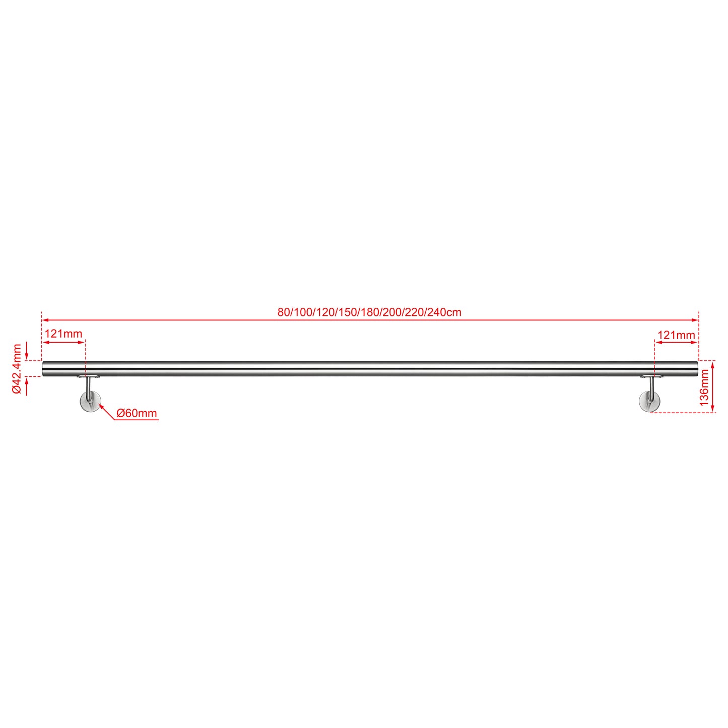 SKY 304 Stainless Steel Wall Mount Handrail, Brushed Silver Stair Railing