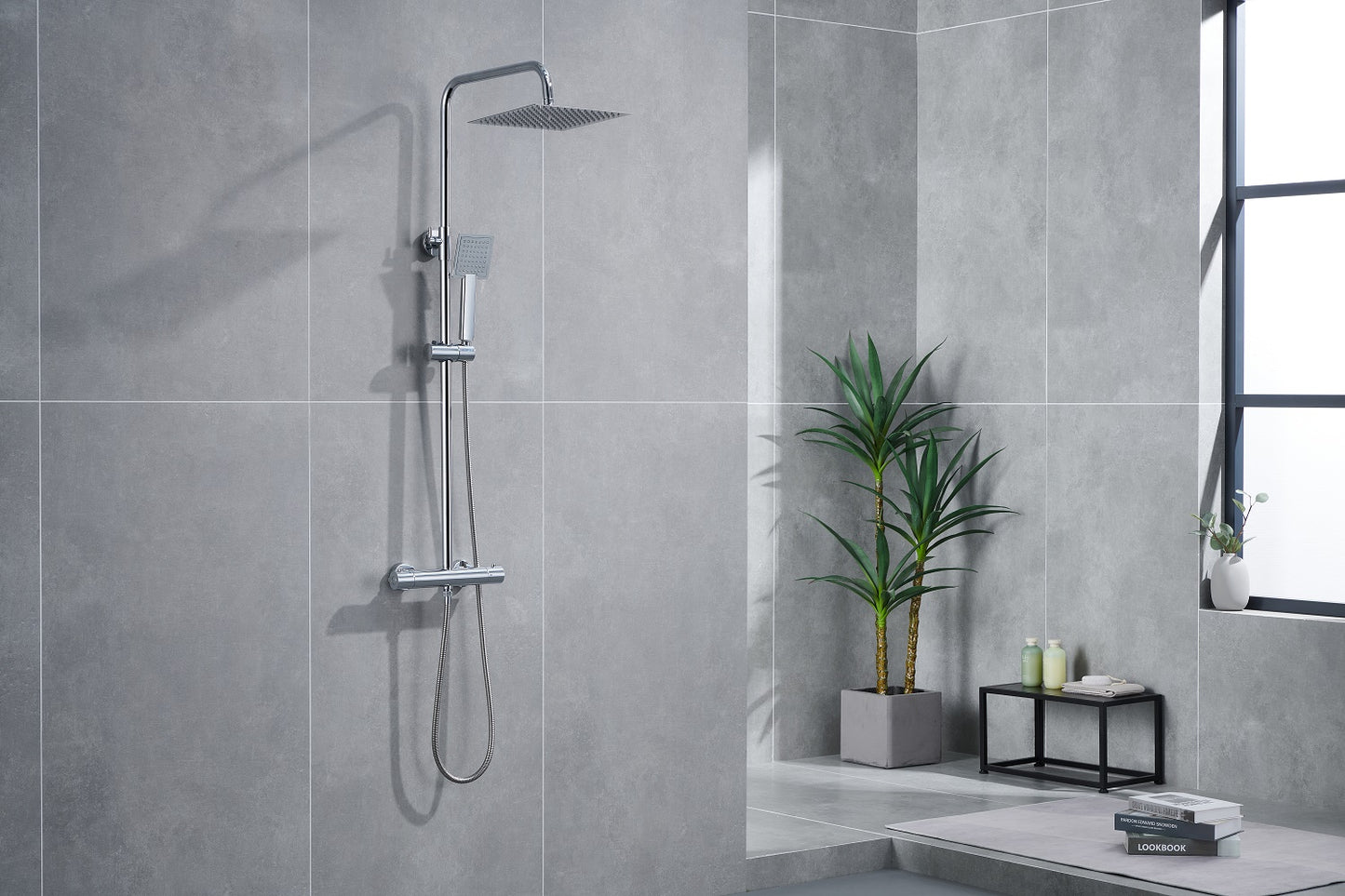 Bathroom 250mm Square Silver Double-headed Open-ended Valve Thermostatic Shower Column Set