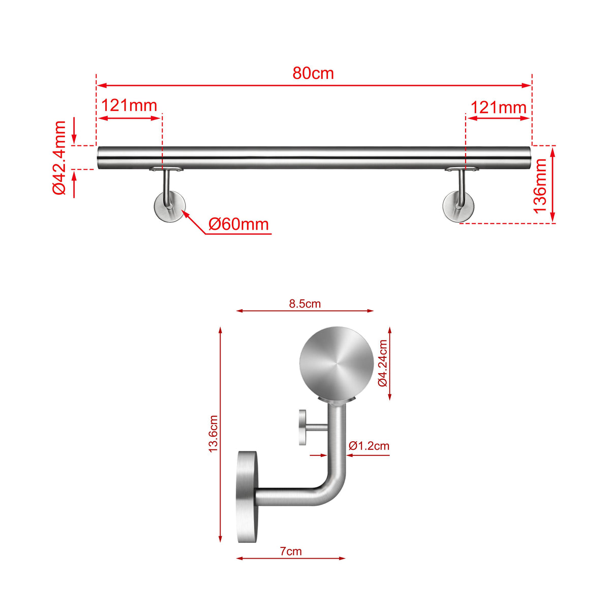 SKY 304 Stainless Steel Wall Mount Handrail, Brushed Silver Stair Railing