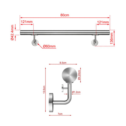SKY 304 Stainless Steel Wall Mount Handrail, Brushed Silver Stair Railing
