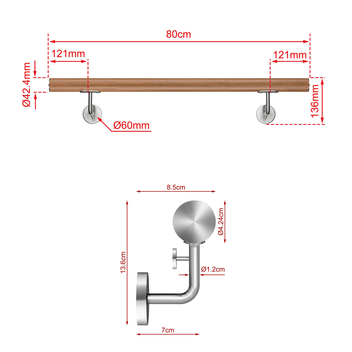 SKY 304 Stainless Steel Wall Mount Handrail, Wood Grain Finish