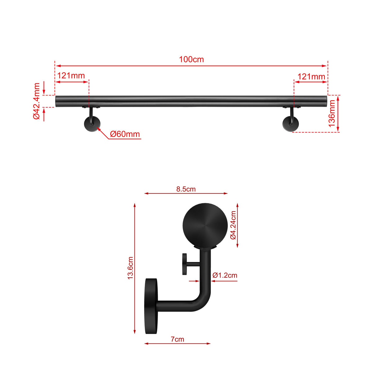 SKY Indoor Outdoor 304 Stainless Steel Wall Mount Handrail, Black Stair Railing