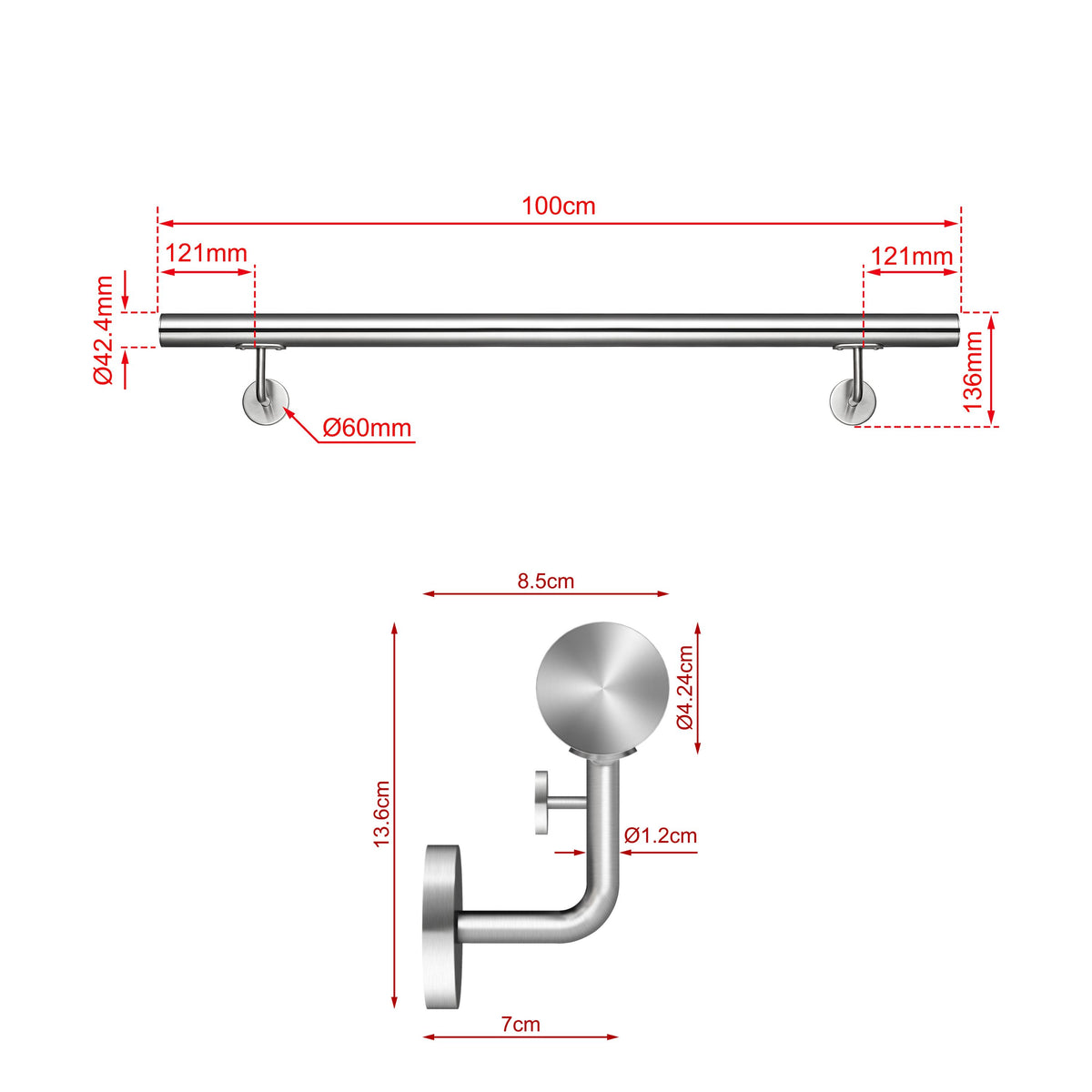 SKY 304 Stainless Steel Wall Mount Handrail, Brushed Silver Stair Railing