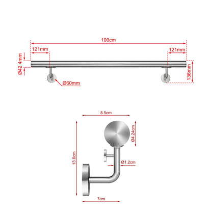 SKY 304 Stainless Steel Wall Mount Handrail, Brushed Silver Stair Railing