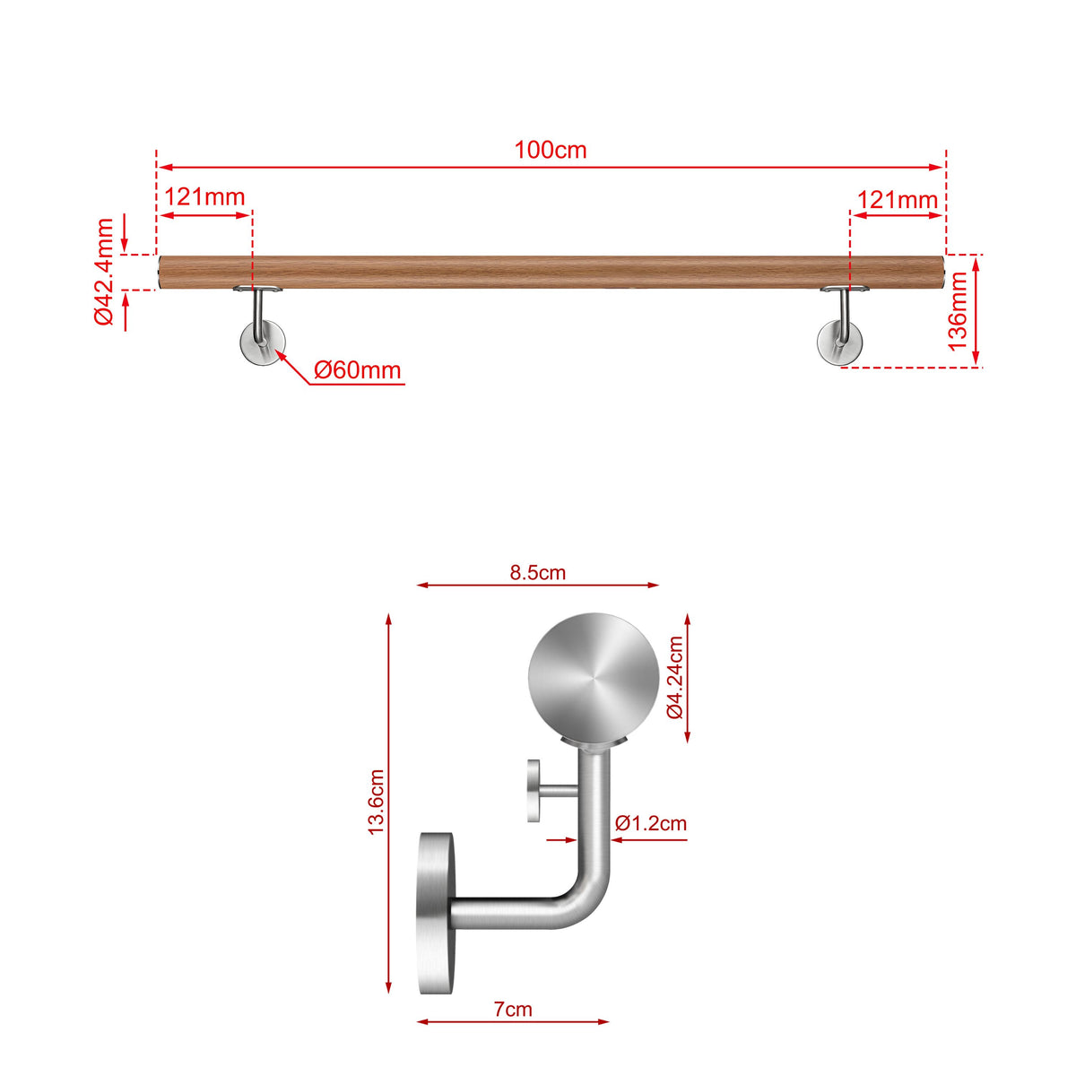 SKY 304 Stainless Steel Wall Mount Handrail, Wood Grain Finish