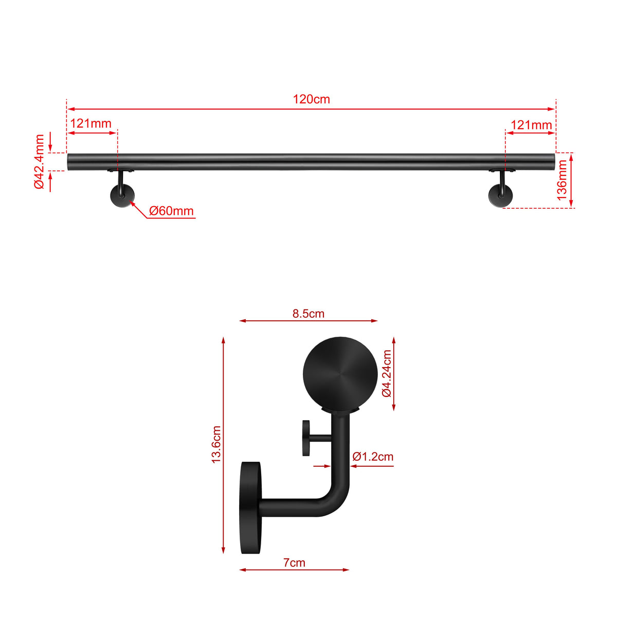 SKY Indoor Outdoor 304 Stainless Steel Wall Mount Handrail, Black Stair Railing